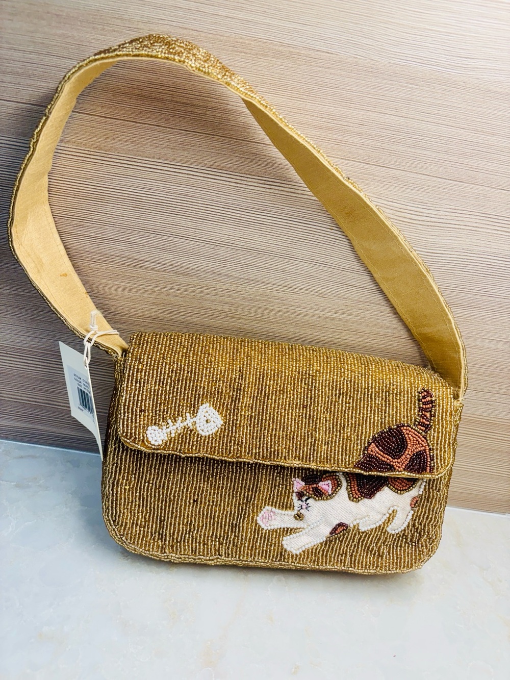 NWT SOL and Mer Beaded champagne gold Shoulder Bag with Kitty Cat Motif